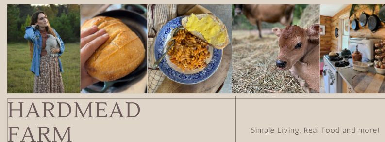 Collage of images from Hardmead Farm including food, a cow, and a kitchen.